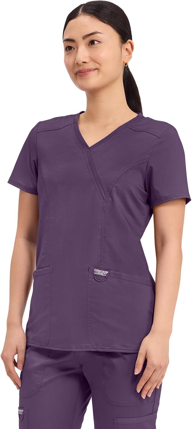 imageCherokee Scrubs Top for Women Mock Wrap with 3 Pockets Soft 2Way Stretch amp Durable Fabric WW610Eggplant