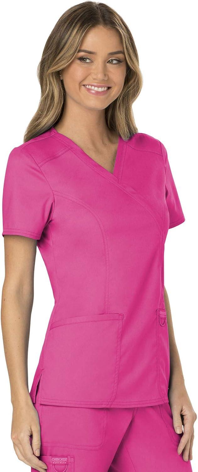 imageCherokee Scrubs Top for Women Mock Wrap with 3 Pockets Soft 2Way Stretch amp Durable Fabric WW610Electric Pink