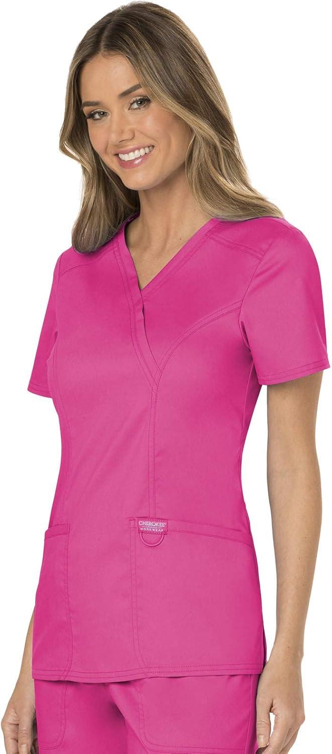 imageCherokee Scrubs Top for Women Mock Wrap with 3 Pockets Soft 2Way Stretch amp Durable Fabric WW610Electric Pink