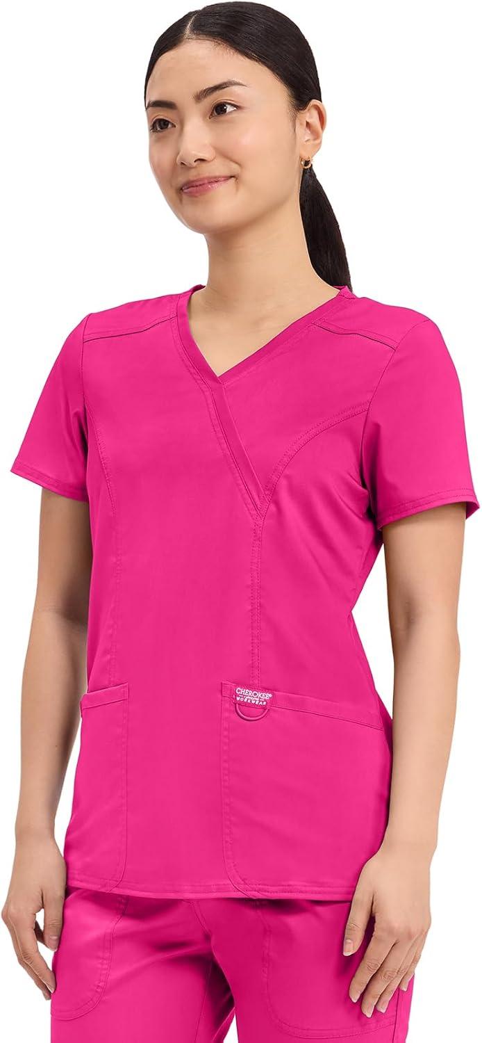 imageCherokee Scrubs Top for Women Mock Wrap with 3 Pockets Soft 2Way Stretch amp Durable Fabric WW610Electric Pink