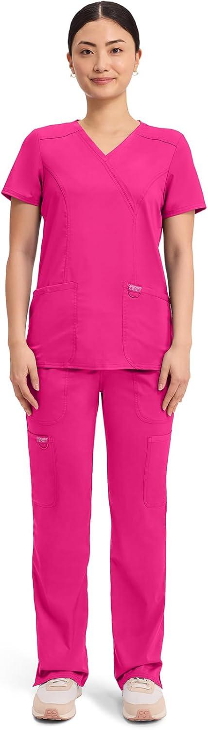 imageCherokee Scrubs Top for Women Mock Wrap with 3 Pockets Soft 2Way Stretch amp Durable Fabric WW610Electric Pink