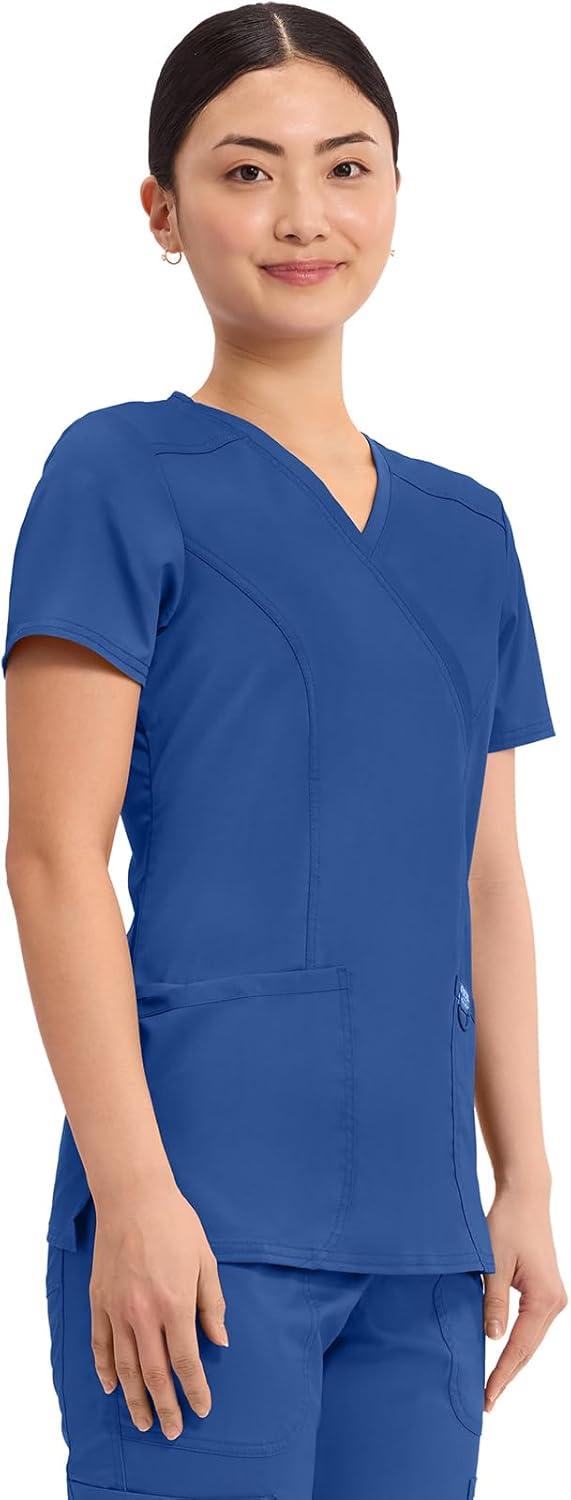 imageCherokee Scrubs Top for Women Mock Wrap with 3 Pockets Soft 2Way Stretch amp Durable Fabric WW610Galaxy Blue