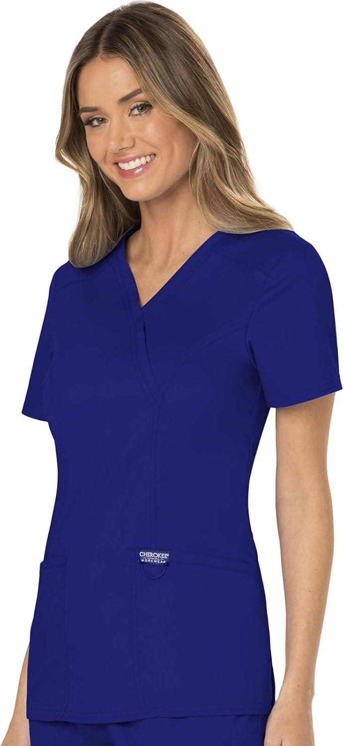 imageCherokee Scrubs Top for Women Mock Wrap with 3 Pockets Soft 2Way Stretch amp Durable Fabric WW610Galaxy Blue