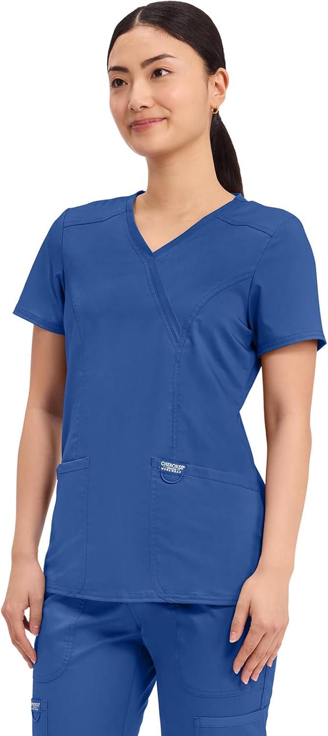 imageCherokee Scrubs Top for Women Mock Wrap with 3 Pockets Soft 2Way Stretch amp Durable Fabric WW610Galaxy Blue