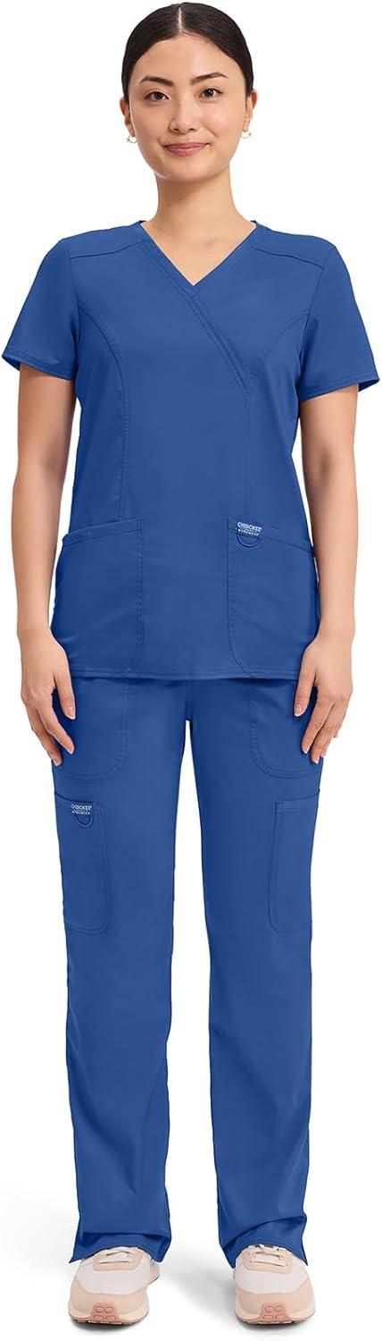 imageCherokee Scrubs Top for Women Mock Wrap with 3 Pockets Soft 2Way Stretch amp Durable Fabric WW610Galaxy Blue