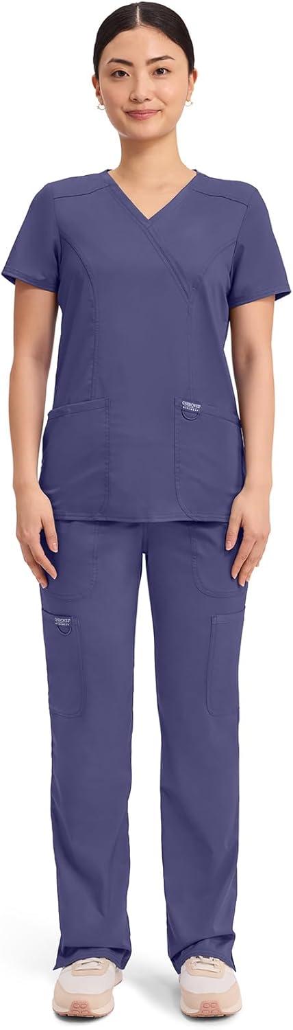 imageCherokee Scrubs Top for Women Mock Wrap with 3 Pockets Soft 2Way Stretch amp Durable Fabric WW610Grape