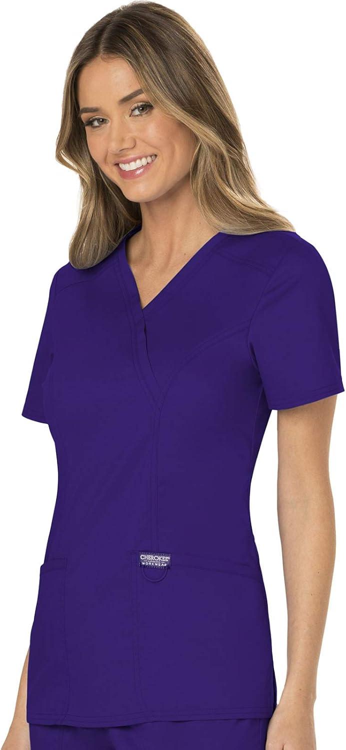 imageCherokee Scrubs Top for Women Mock Wrap with 3 Pockets Soft 2Way Stretch amp Durable Fabric WW610Grape