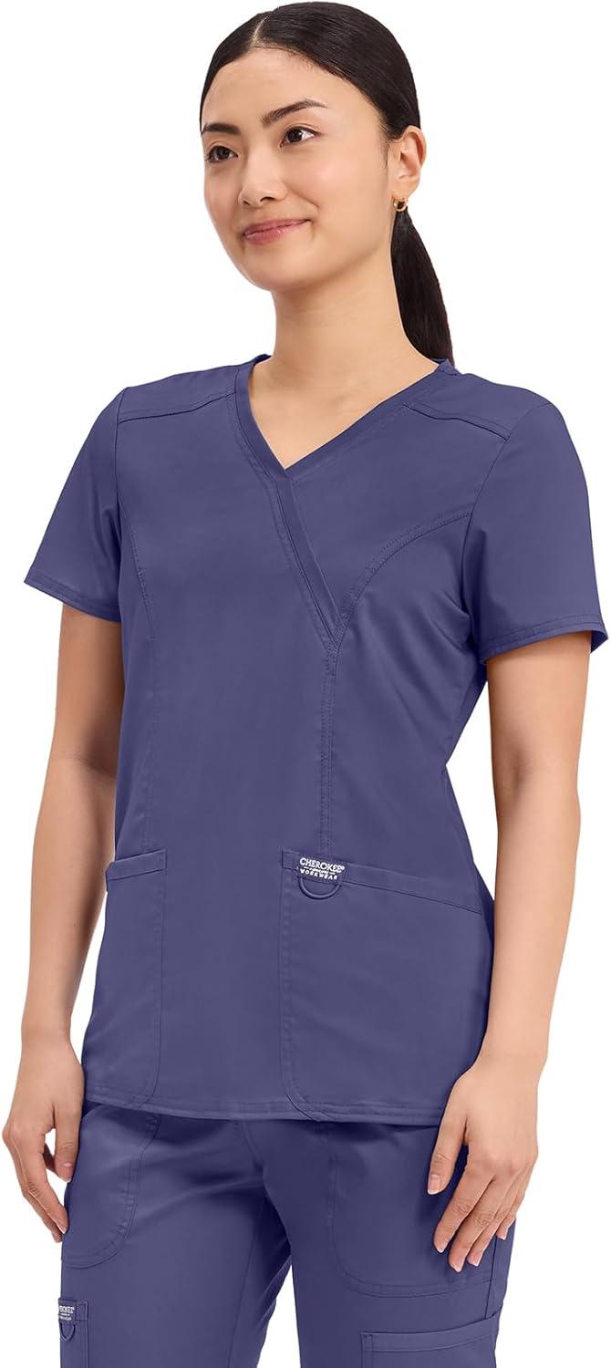 imageCherokee Scrubs Top for Women Mock Wrap with 3 Pockets Soft 2Way Stretch amp Durable Fabric WW610Grape
