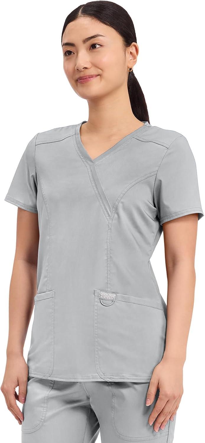 imageCherokee Scrubs Top for Women Mock Wrap with 3 Pockets Soft 2Way Stretch amp Durable Fabric WW610Grey