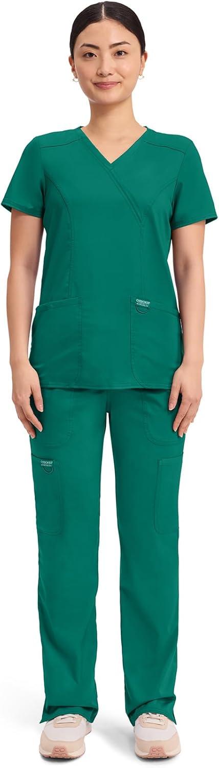 imageCherokee Scrubs Top for Women Mock Wrap with 3 Pockets Soft 2Way Stretch amp Durable Fabric WW610Hunter Green