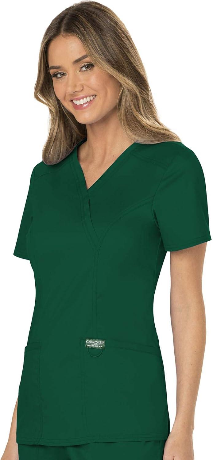imageCherokee Scrubs Top for Women Mock Wrap with 3 Pockets Soft 2Way Stretch amp Durable Fabric WW610Hunter Green