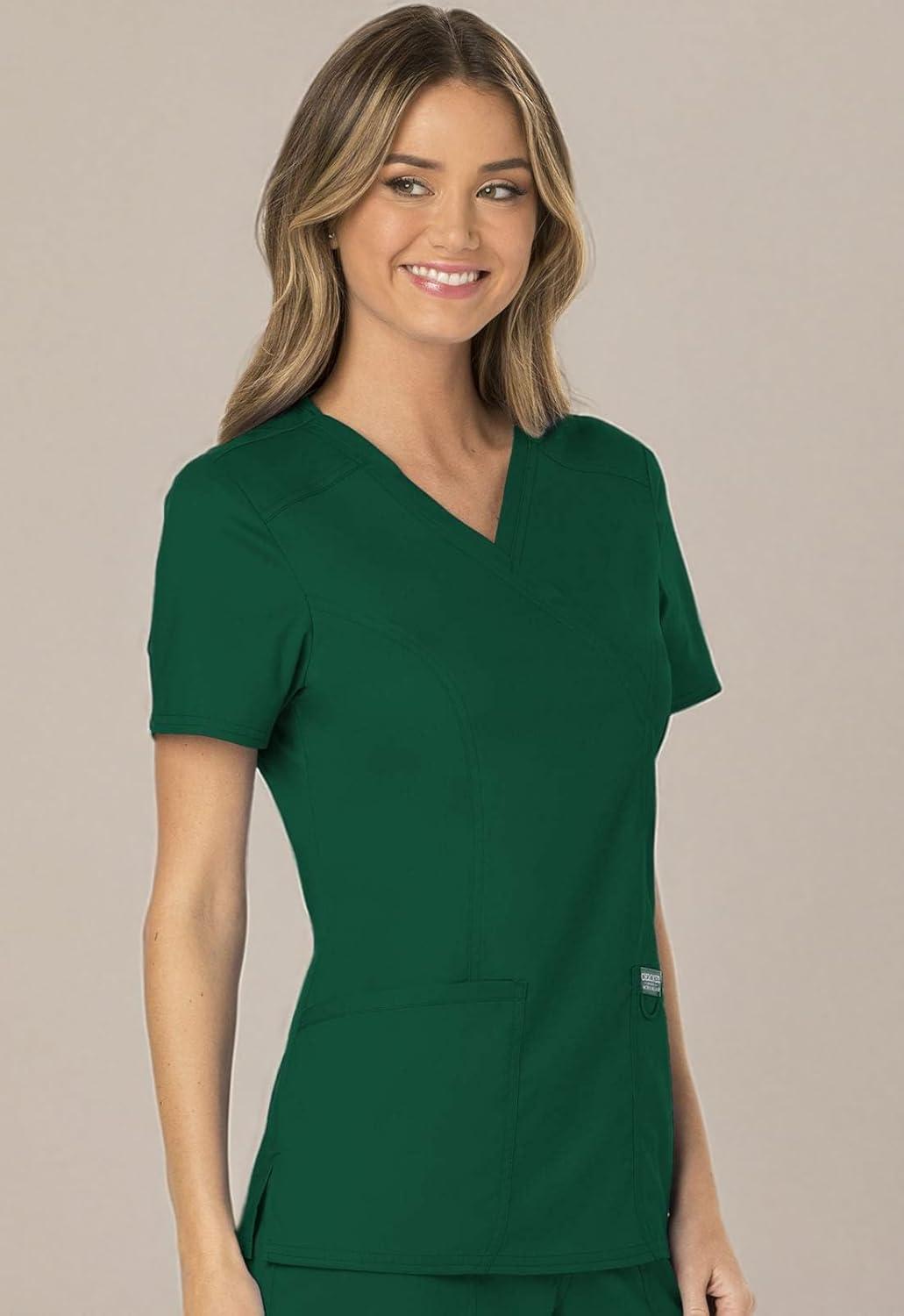 imageCherokee Scrubs Top for Women Mock Wrap with 3 Pockets Soft 2Way Stretch amp Durable Fabric WW610Hunter Green
