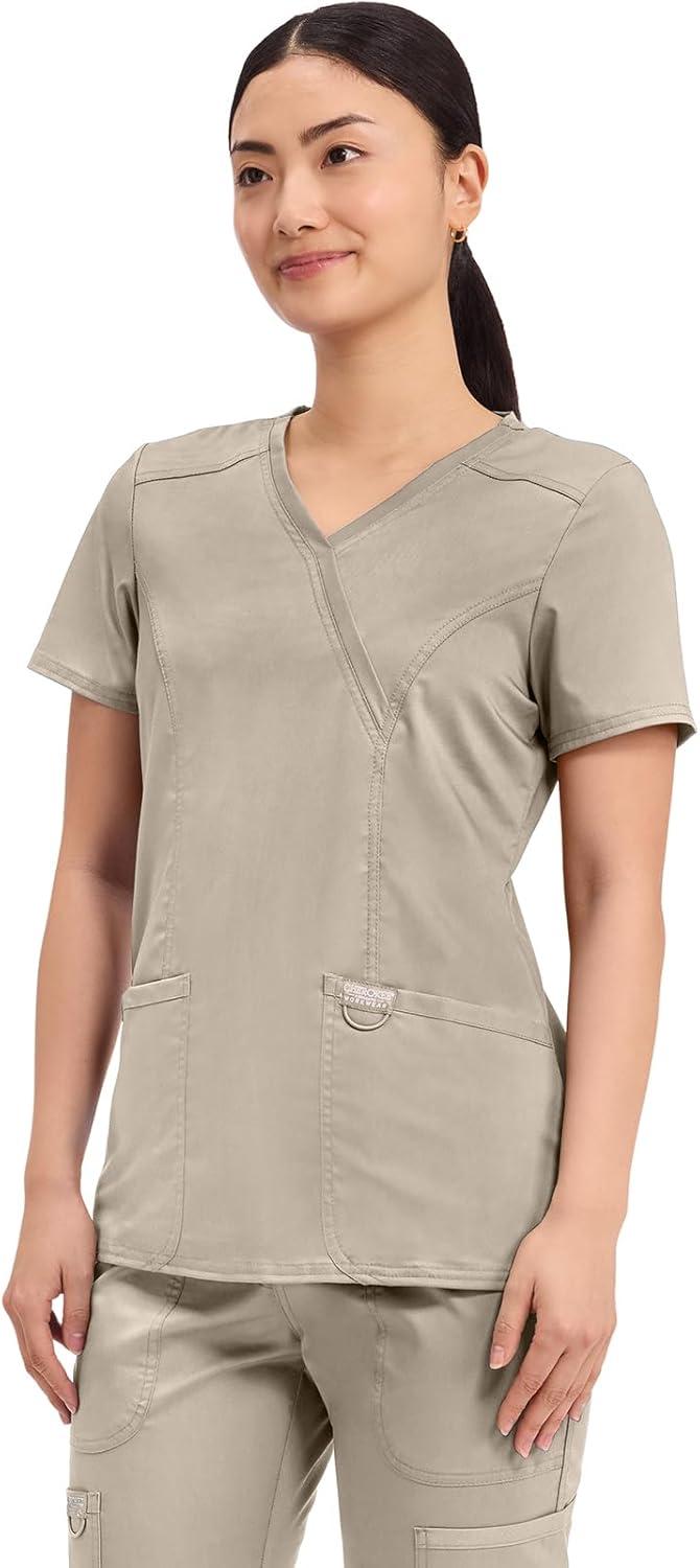 imageCherokee Scrubs Top for Women Mock Wrap with 3 Pockets Soft 2Way Stretch amp Durable Fabric WW610Khaki
