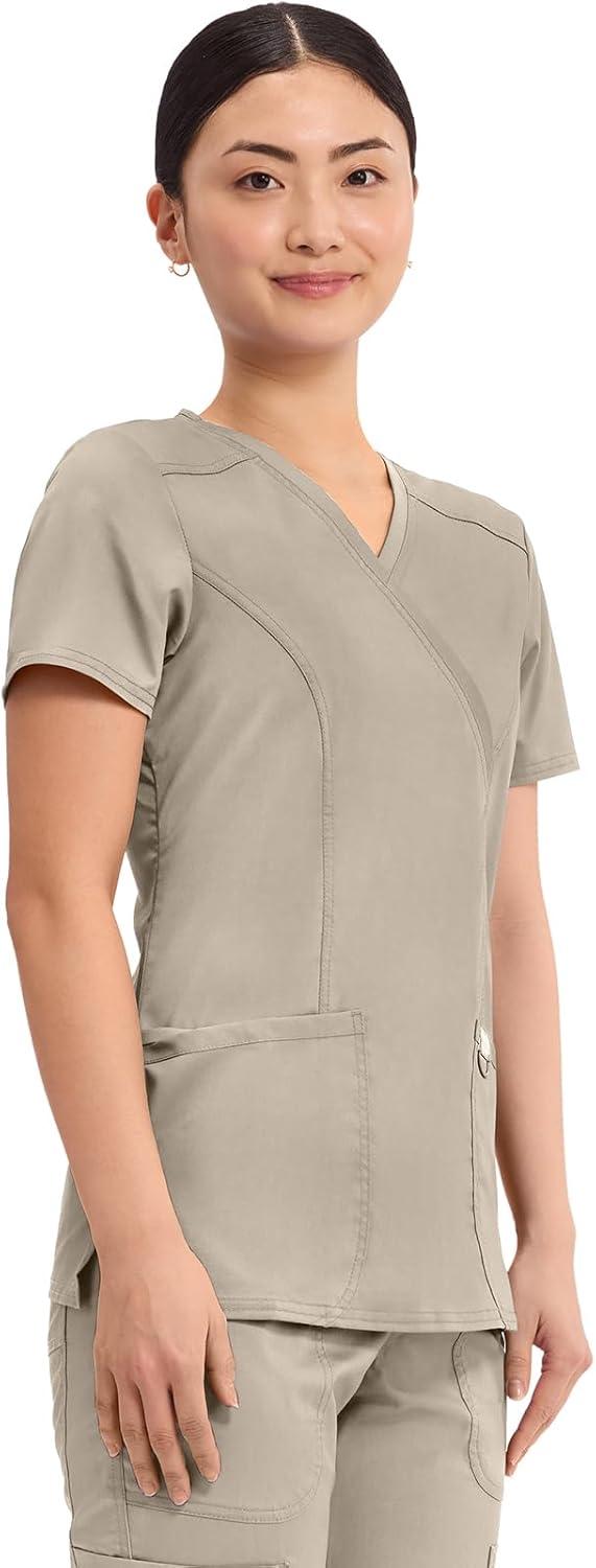 imageCherokee Scrubs Top for Women Mock Wrap with 3 Pockets Soft 2Way Stretch amp Durable Fabric WW610Khaki