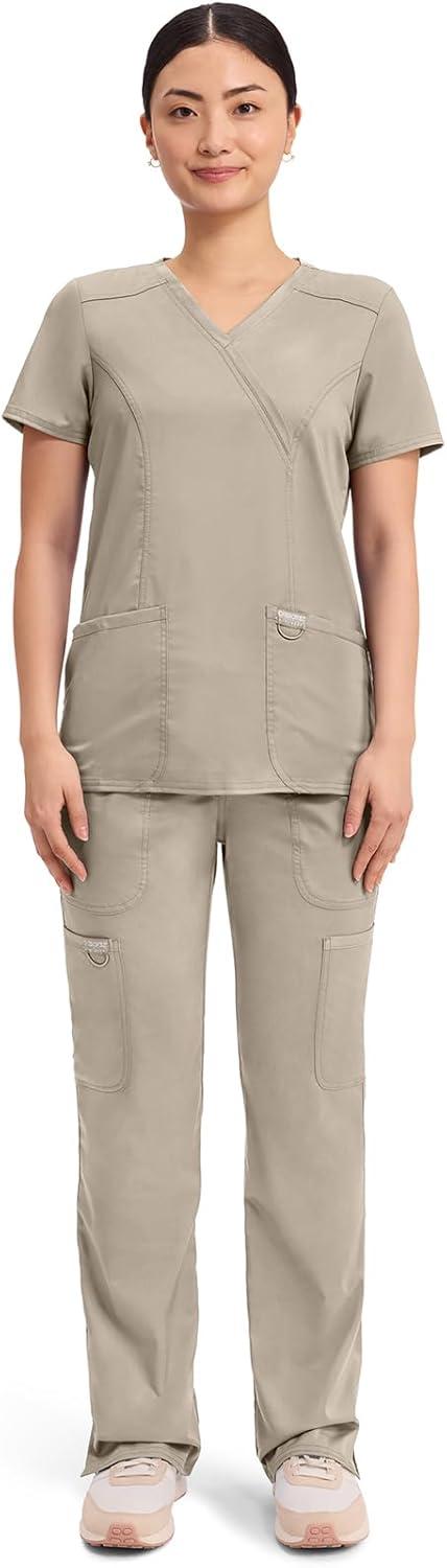 imageCherokee Scrubs Top for Women Mock Wrap with 3 Pockets Soft 2Way Stretch amp Durable Fabric WW610Khaki