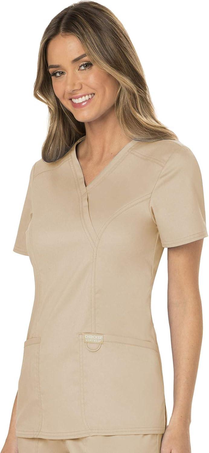 imageCherokee Scrubs Top for Women Mock Wrap with 3 Pockets Soft 2Way Stretch amp Durable Fabric WW610Khaki