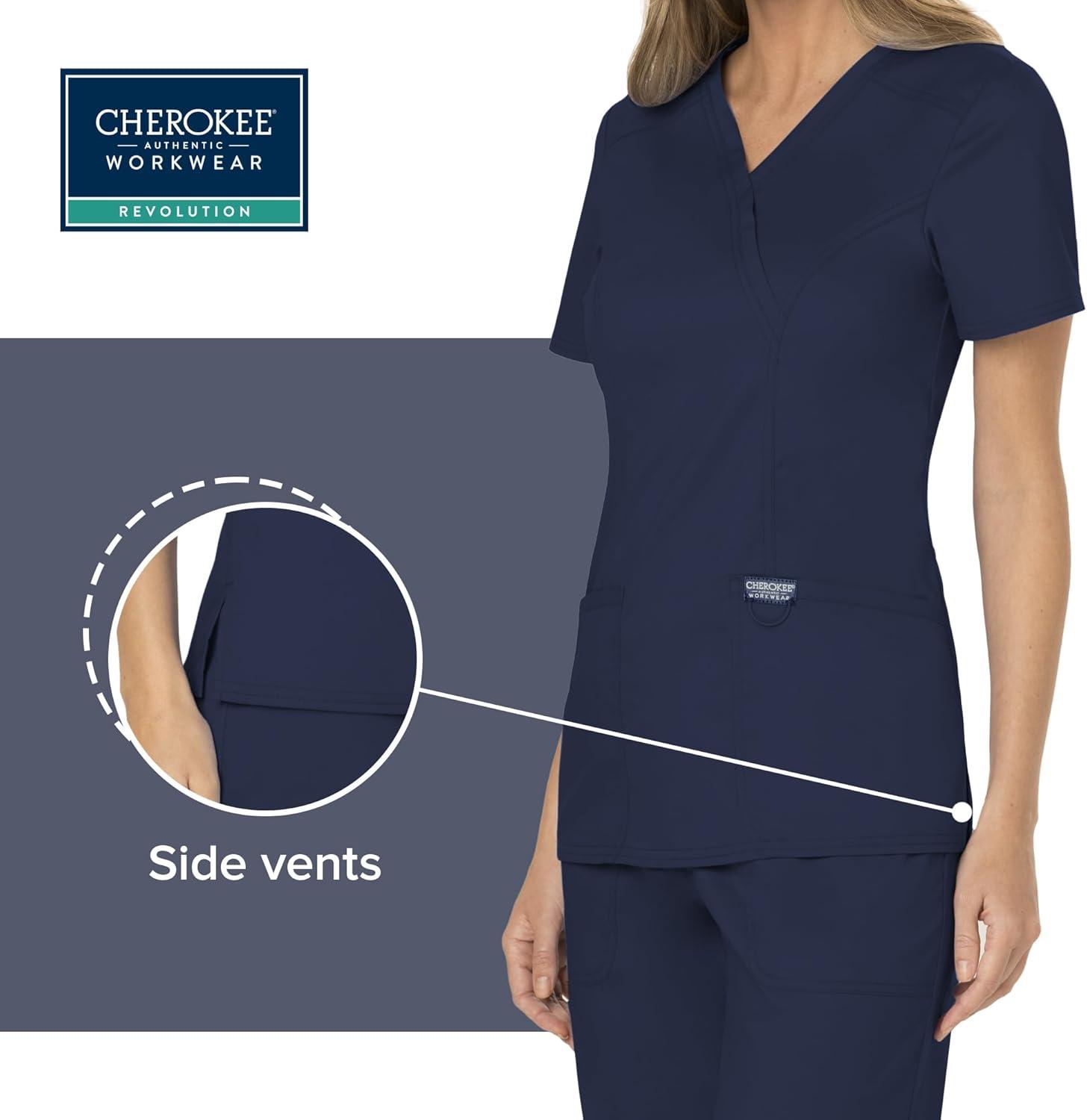 imageCherokee Scrubs Top for Women Mock Wrap with 3 Pockets Soft 2Way Stretch amp Durable Fabric WW610Navy