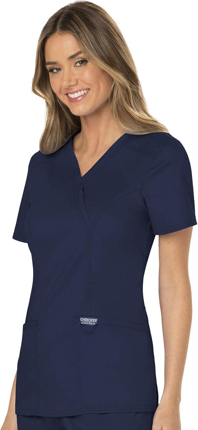 imageCherokee Scrubs Top for Women Mock Wrap with 3 Pockets Soft 2Way Stretch amp Durable Fabric WW610Navy