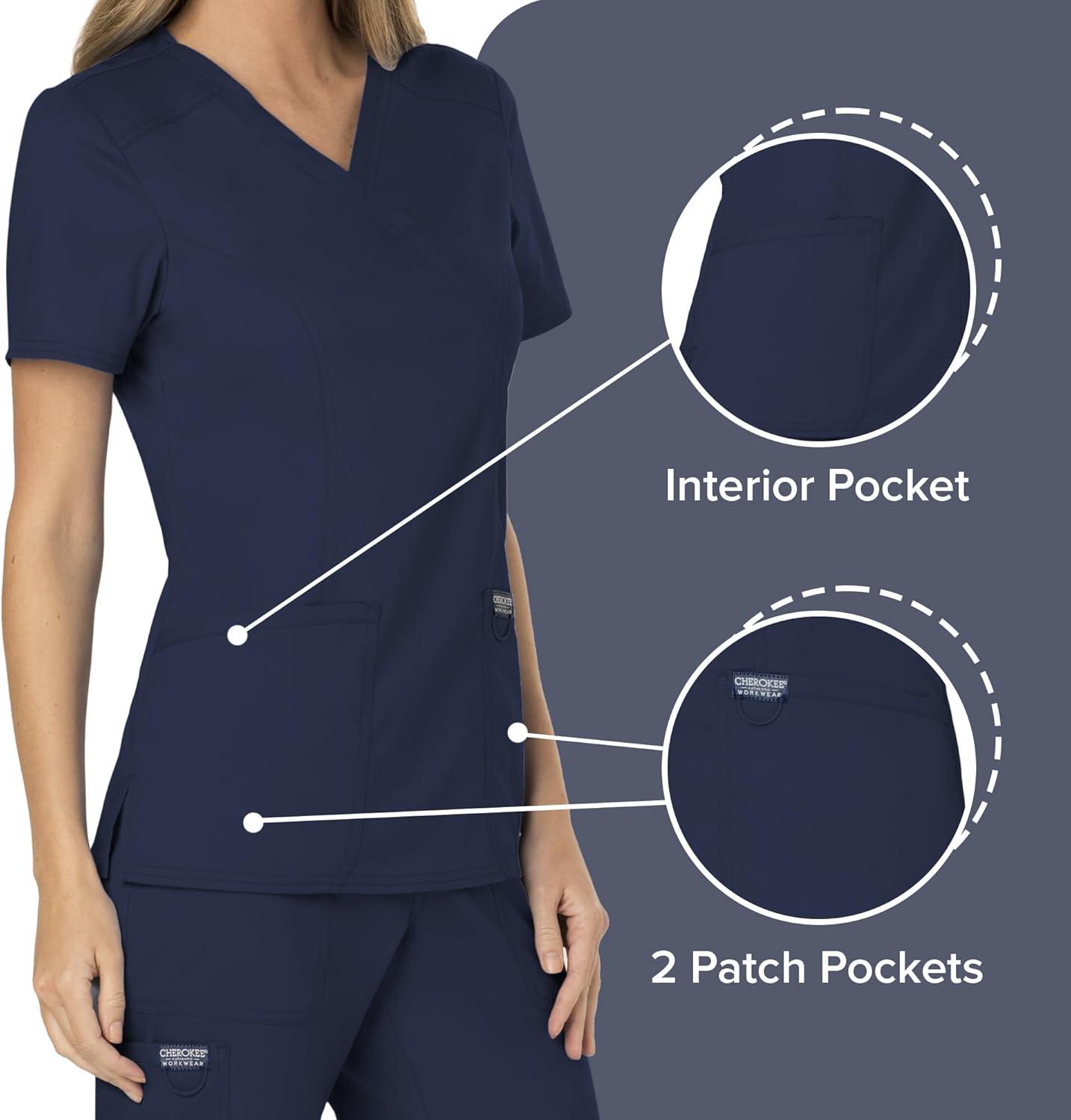 imageCherokee Scrubs Top for Women Mock Wrap with 3 Pockets Soft 2Way Stretch amp Durable Fabric WW610Navy