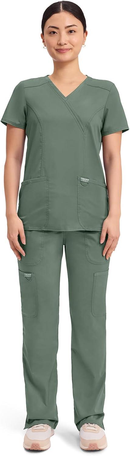 imageCherokee Scrubs Top for Women Mock Wrap with 3 Pockets Soft 2Way Stretch amp Durable Fabric WW610Olive
