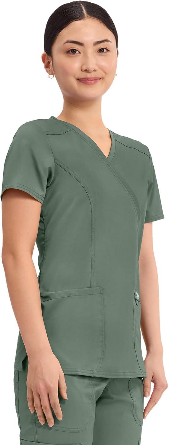 imageCherokee Scrubs Top for Women Mock Wrap with 3 Pockets Soft 2Way Stretch amp Durable Fabric WW610Olive