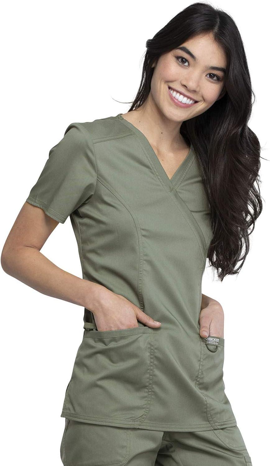 imageCherokee Scrubs Top for Women Mock Wrap with 3 Pockets Soft 2Way Stretch amp Durable Fabric WW610Olive