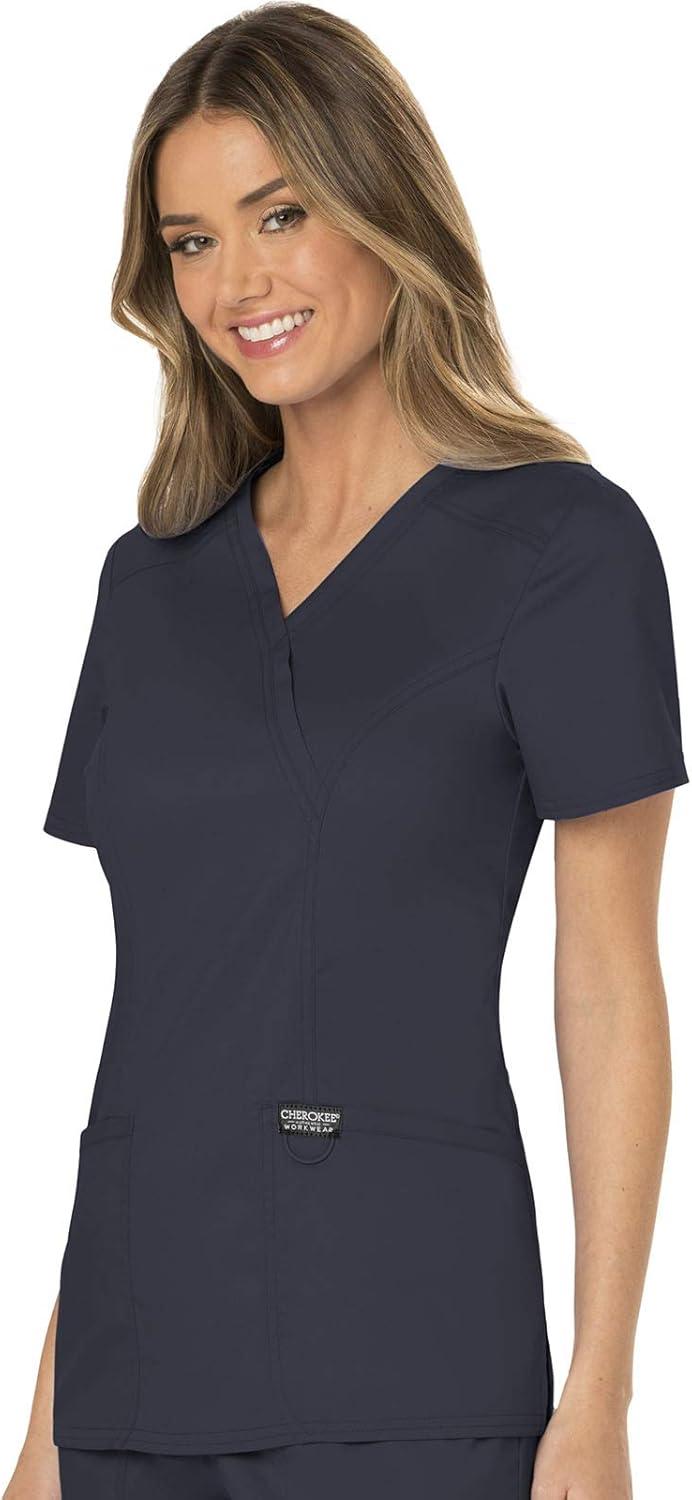 imageCherokee Scrubs Top for Women Mock Wrap with 3 Pockets Soft 2Way Stretch amp Durable Fabric WW610Pewter