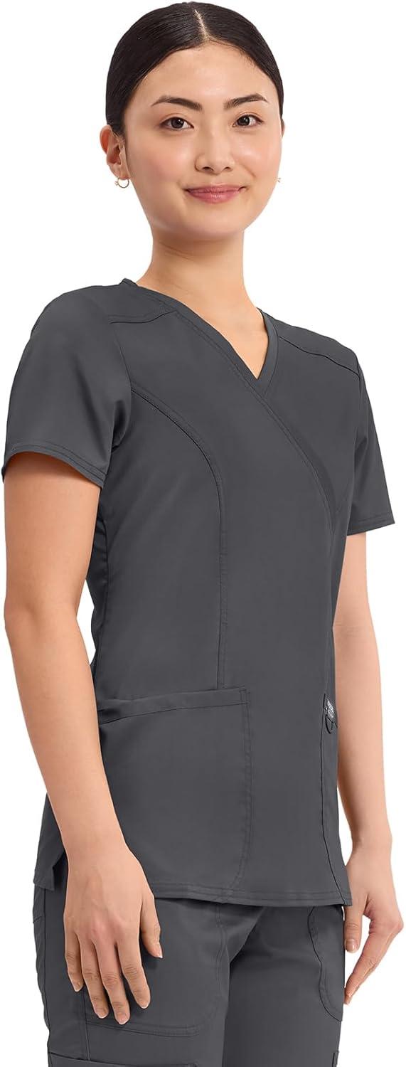 imageCherokee Scrubs Top for Women Mock Wrap with 3 Pockets Soft 2Way Stretch amp Durable Fabric WW610Pewter