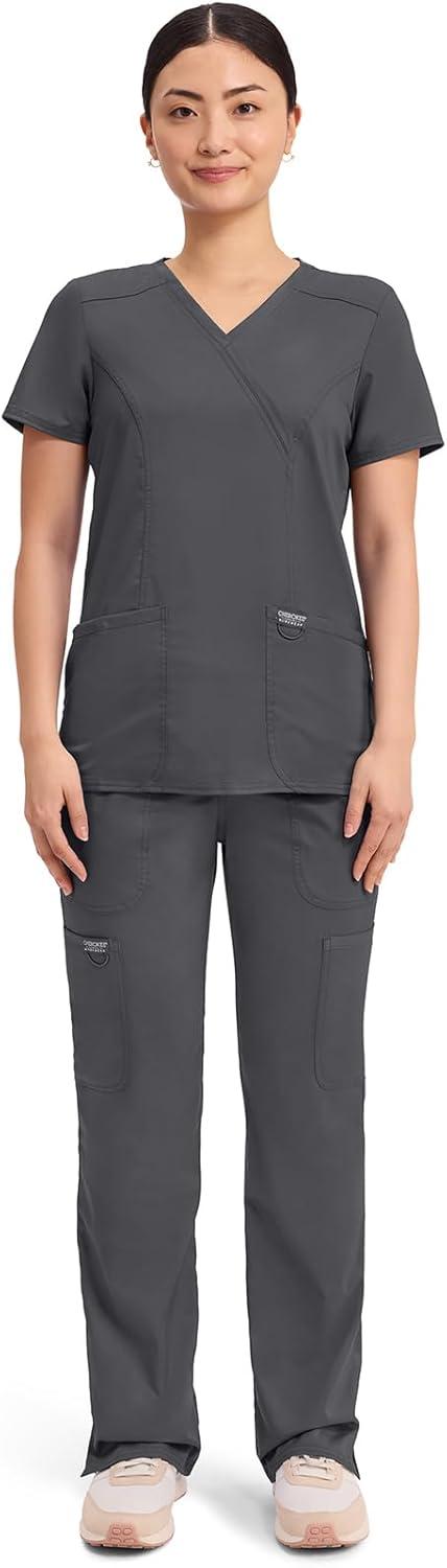imageCherokee Scrubs Top for Women Mock Wrap with 3 Pockets Soft 2Way Stretch amp Durable Fabric WW610Pewter