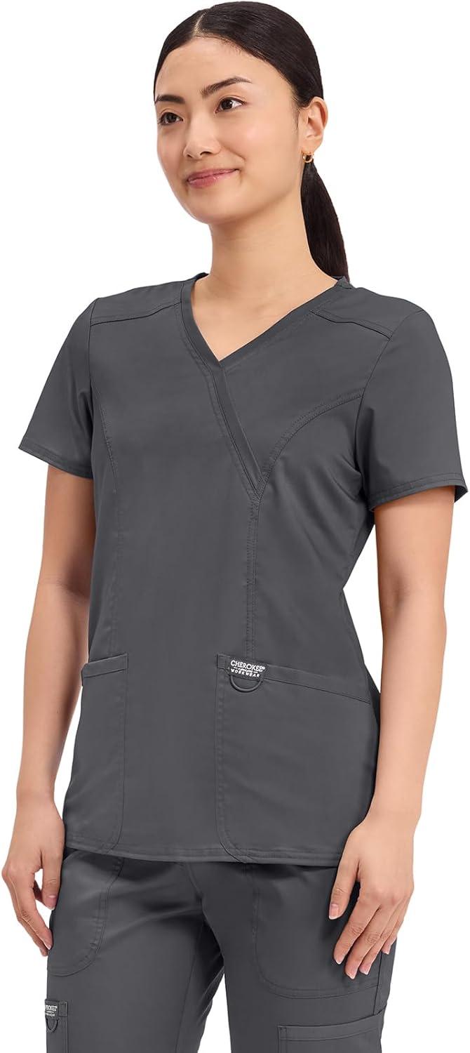 imageCherokee Scrubs Top for Women Mock Wrap with 3 Pockets Soft 2Way Stretch amp Durable Fabric WW610Pewter