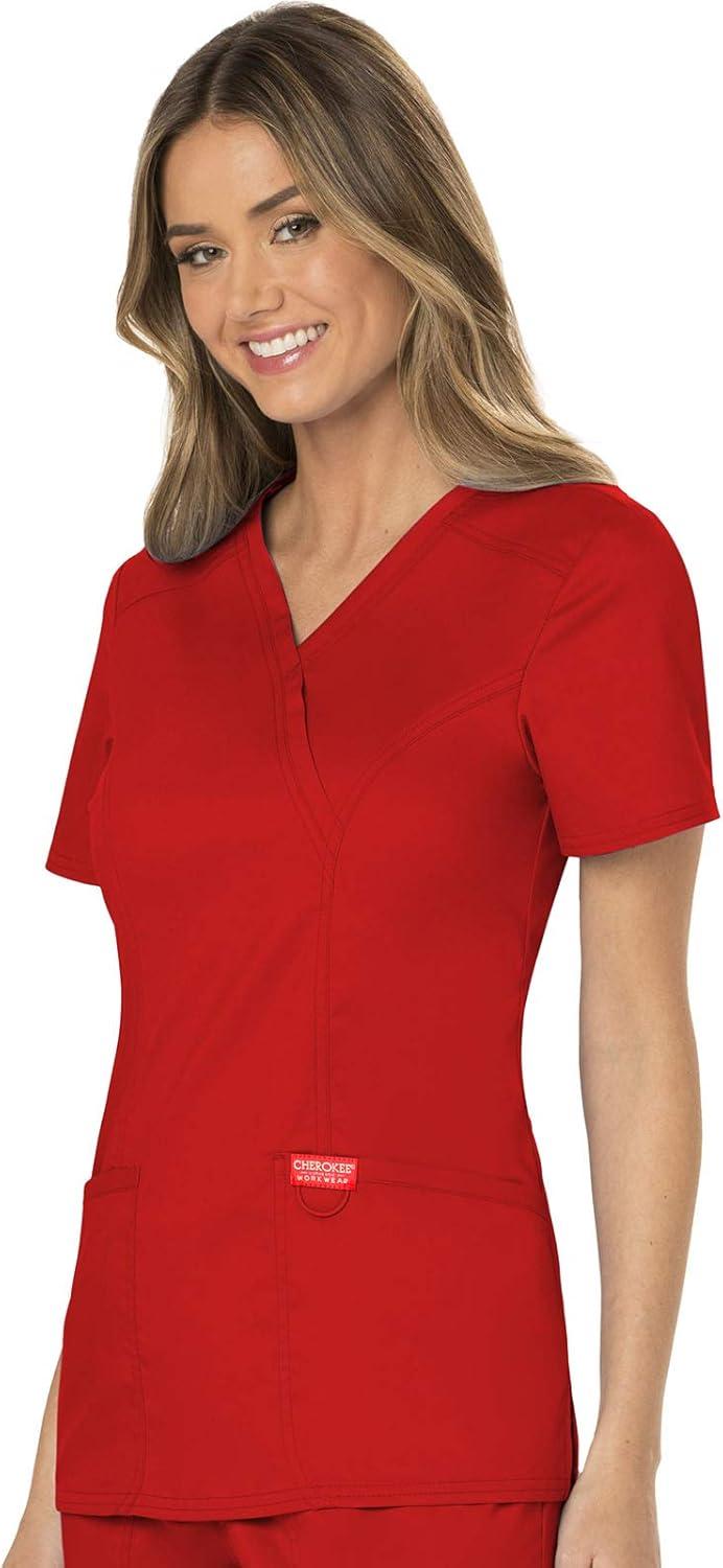 imageCherokee Scrubs Top for Women Mock Wrap with 3 Pockets Soft 2Way Stretch amp Durable Fabric WW610Red