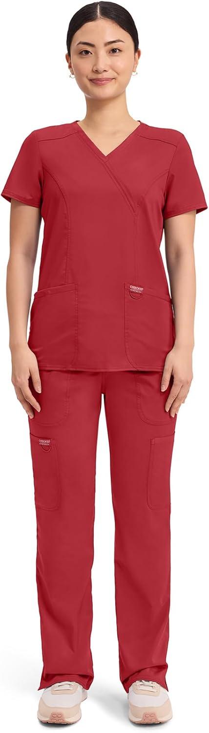 imageCherokee Scrubs Top for Women Mock Wrap with 3 Pockets Soft 2Way Stretch amp Durable Fabric WW610Red