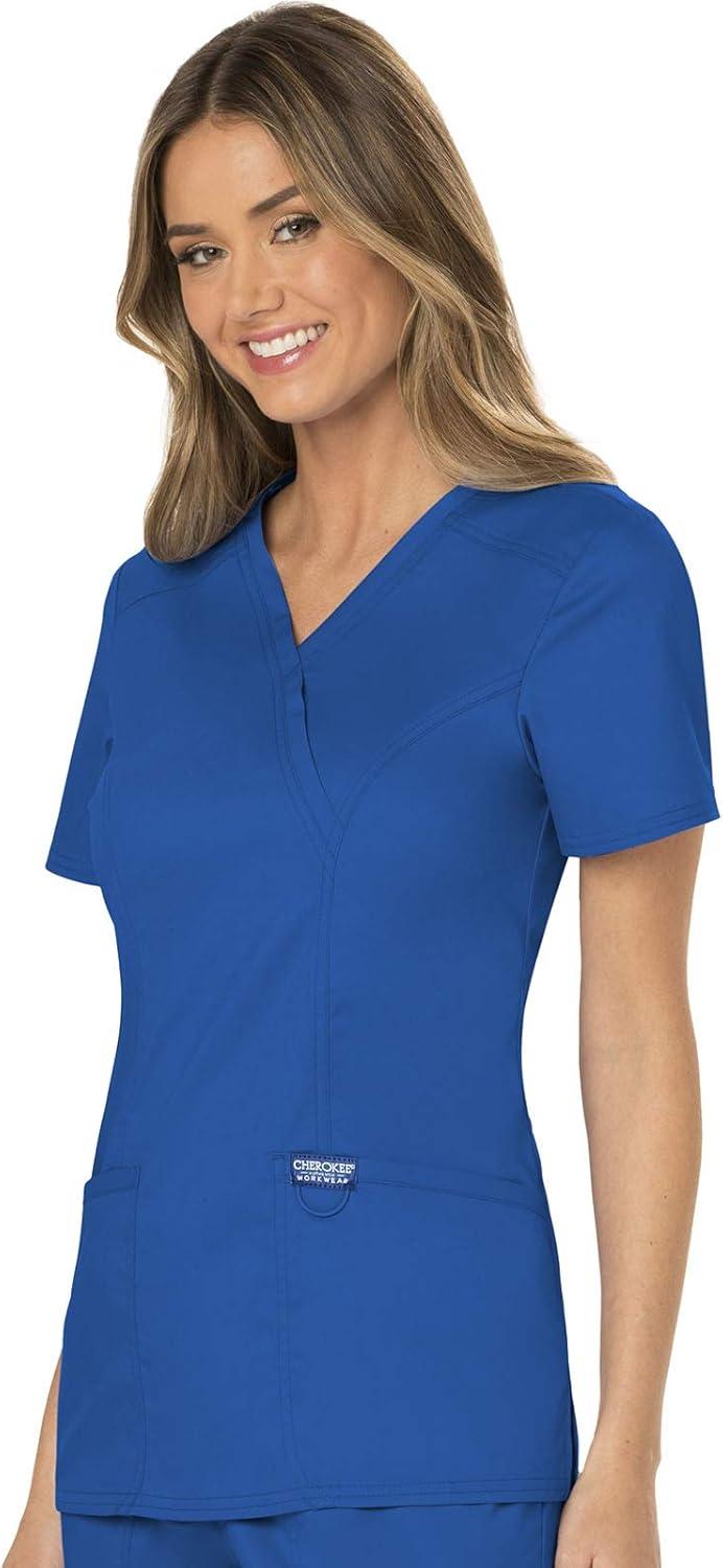 imageCherokee Scrubs Top for Women Mock Wrap with 3 Pockets Soft 2Way Stretch amp Durable Fabric WW610Royal