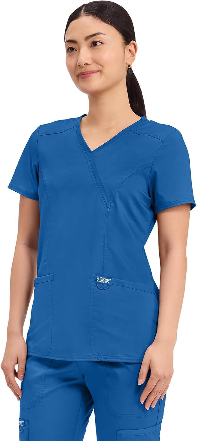 imageCherokee Scrubs Top for Women Mock Wrap with 3 Pockets Soft 2Way Stretch amp Durable Fabric WW610Royal