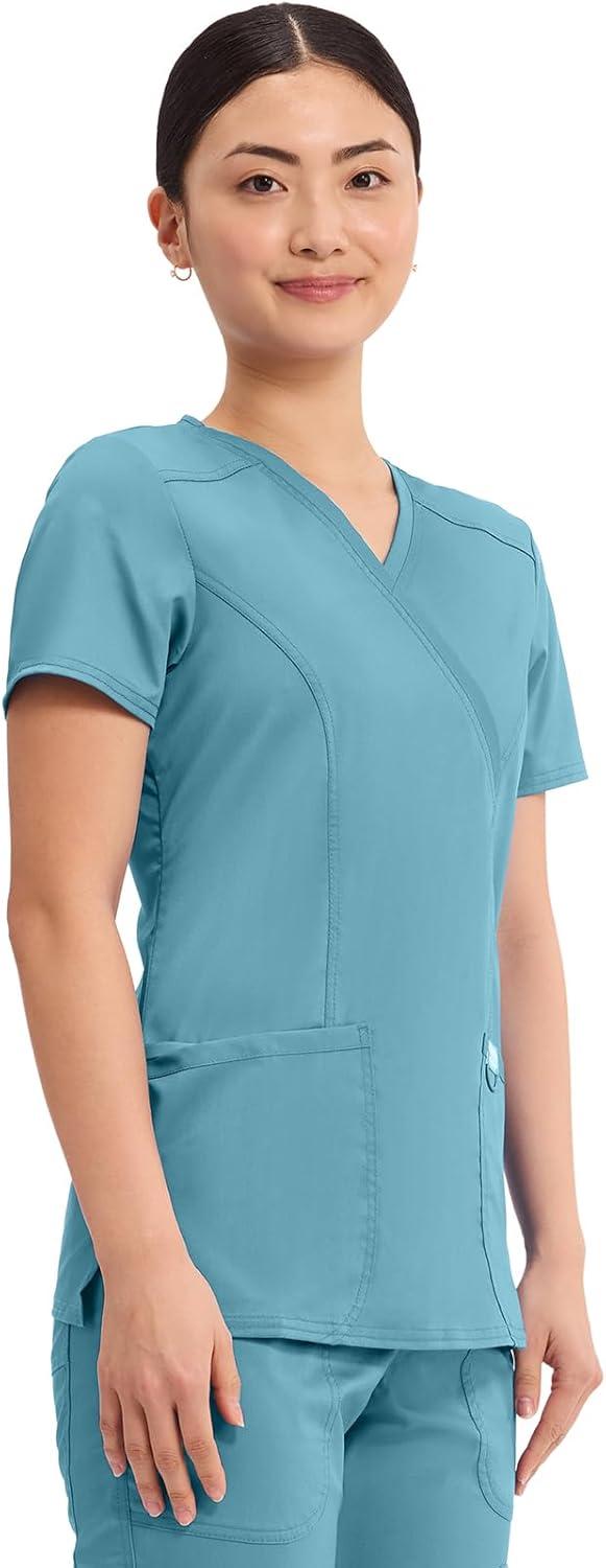 imageCherokee Scrubs Top for Women Mock Wrap with 3 Pockets Soft 2Way Stretch amp Durable Fabric WW610Soft Marine