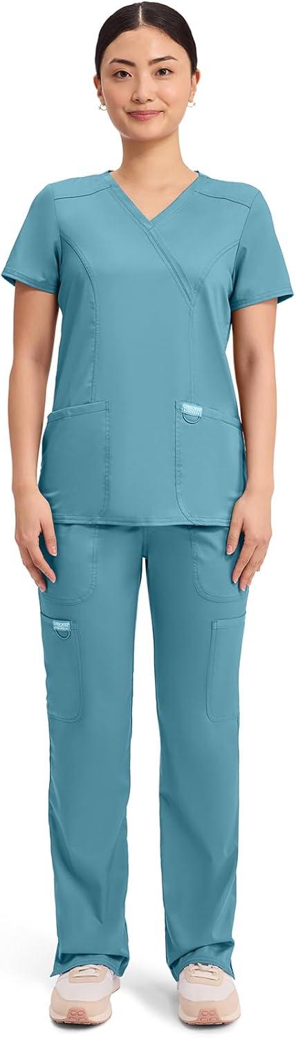 imageCherokee Scrubs Top for Women Mock Wrap with 3 Pockets Soft 2Way Stretch amp Durable Fabric WW610Soft Marine
