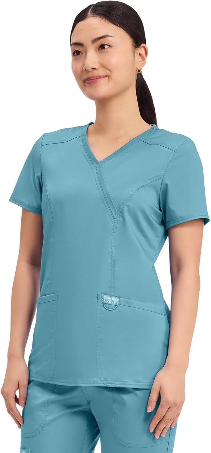 imageCherokee Scrubs Top for Women Mock Wrap with 3 Pockets Soft 2Way Stretch amp Durable Fabric WW610Soft Marine