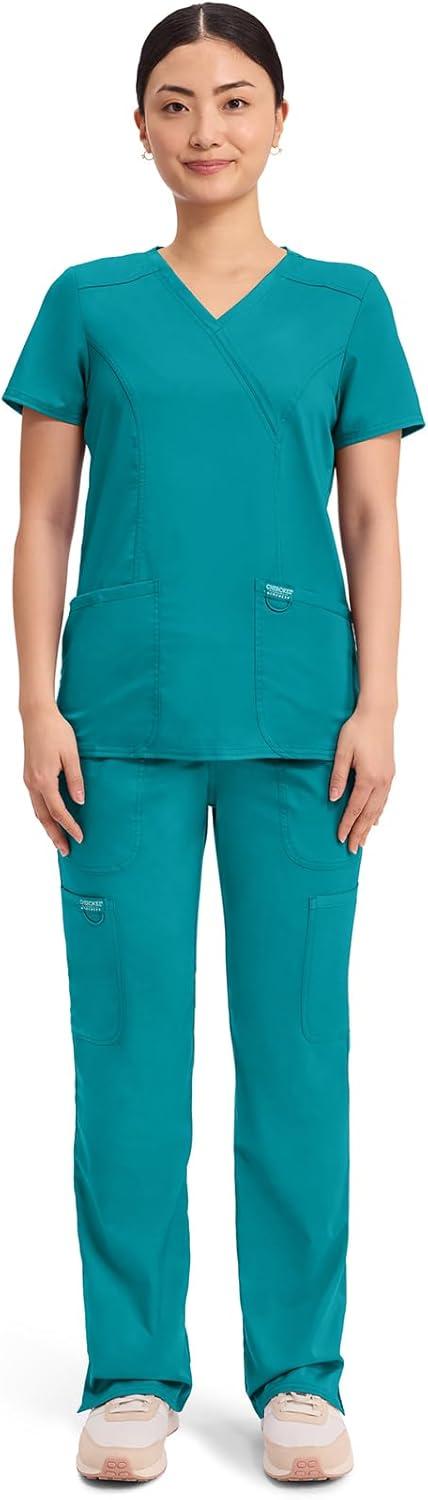 imageCherokee Scrubs Top for Women Mock Wrap with 3 Pockets Soft 2Way Stretch amp Durable Fabric WW610Teal Blue