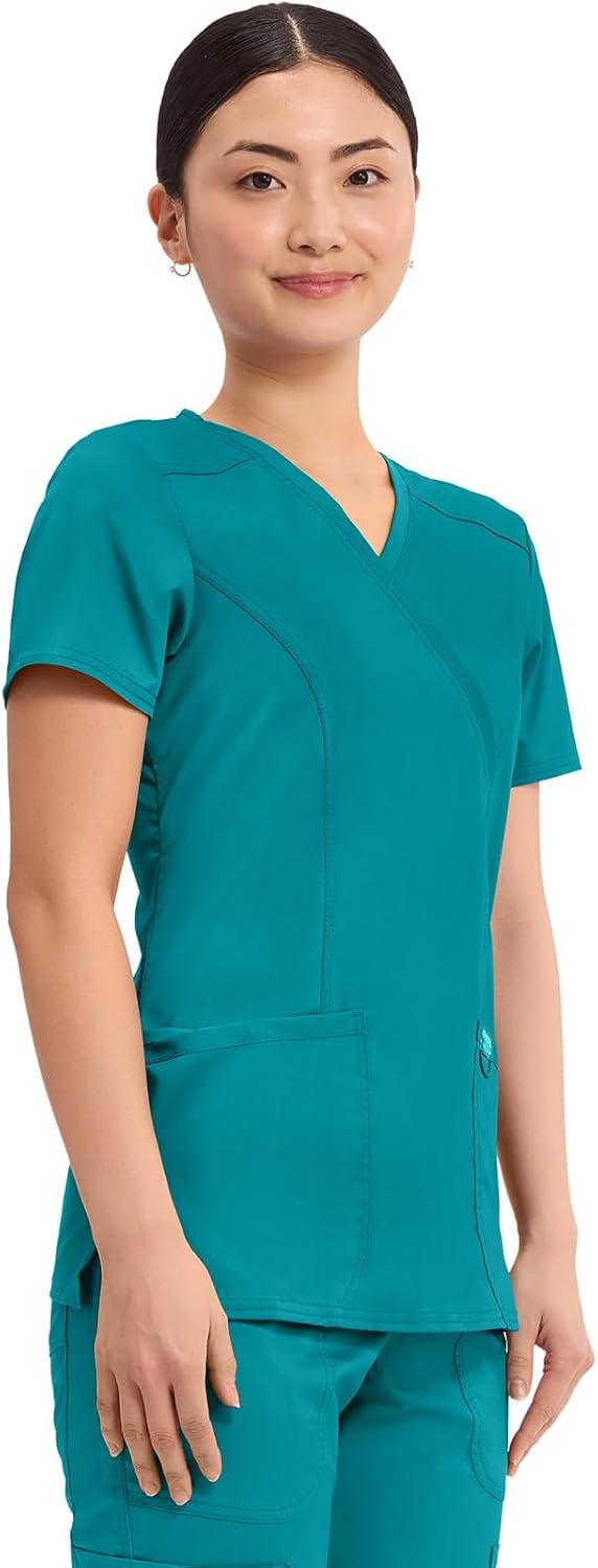 imageCherokee Scrubs Top for Women Mock Wrap with 3 Pockets Soft 2Way Stretch amp Durable Fabric WW610Teal Blue
