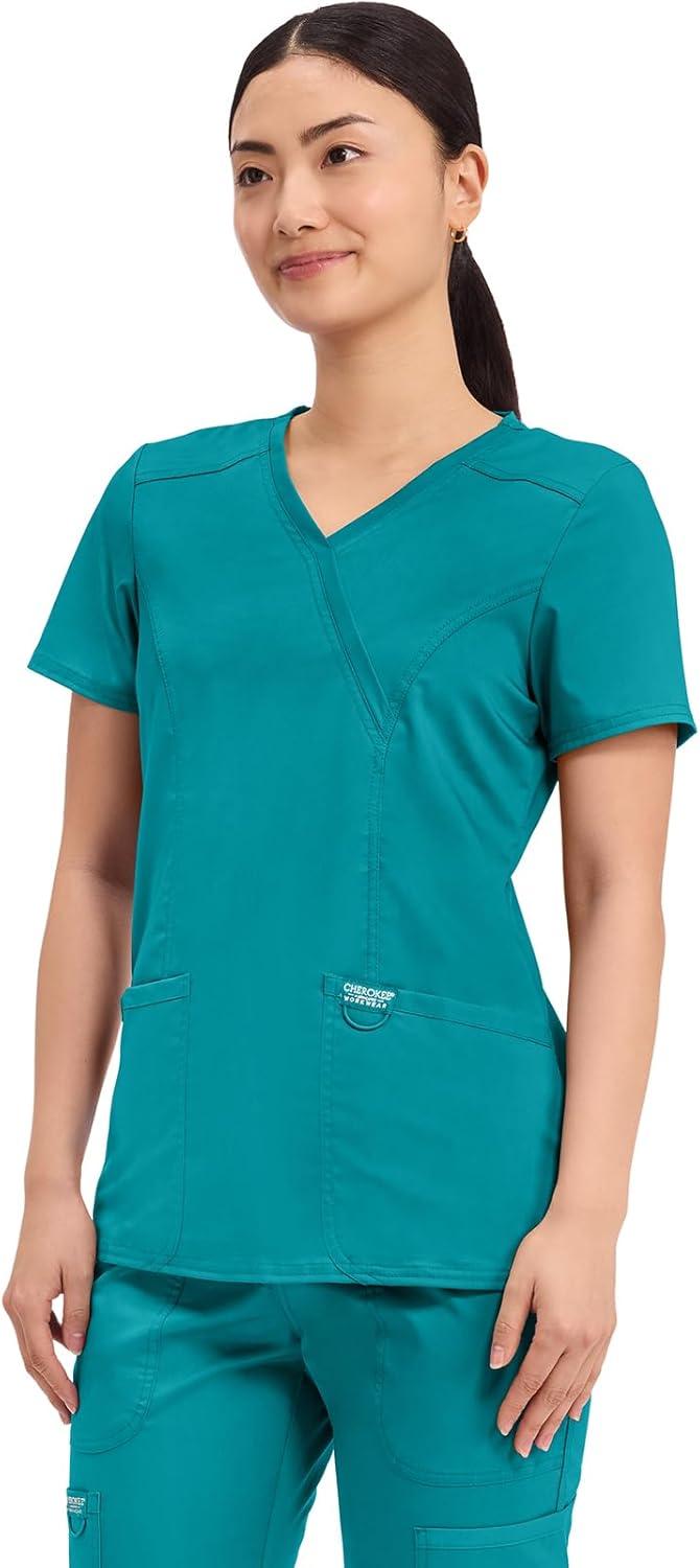imageCherokee Scrubs Top for Women Mock Wrap with 3 Pockets Soft 2Way Stretch amp Durable Fabric WW610Teal Blue