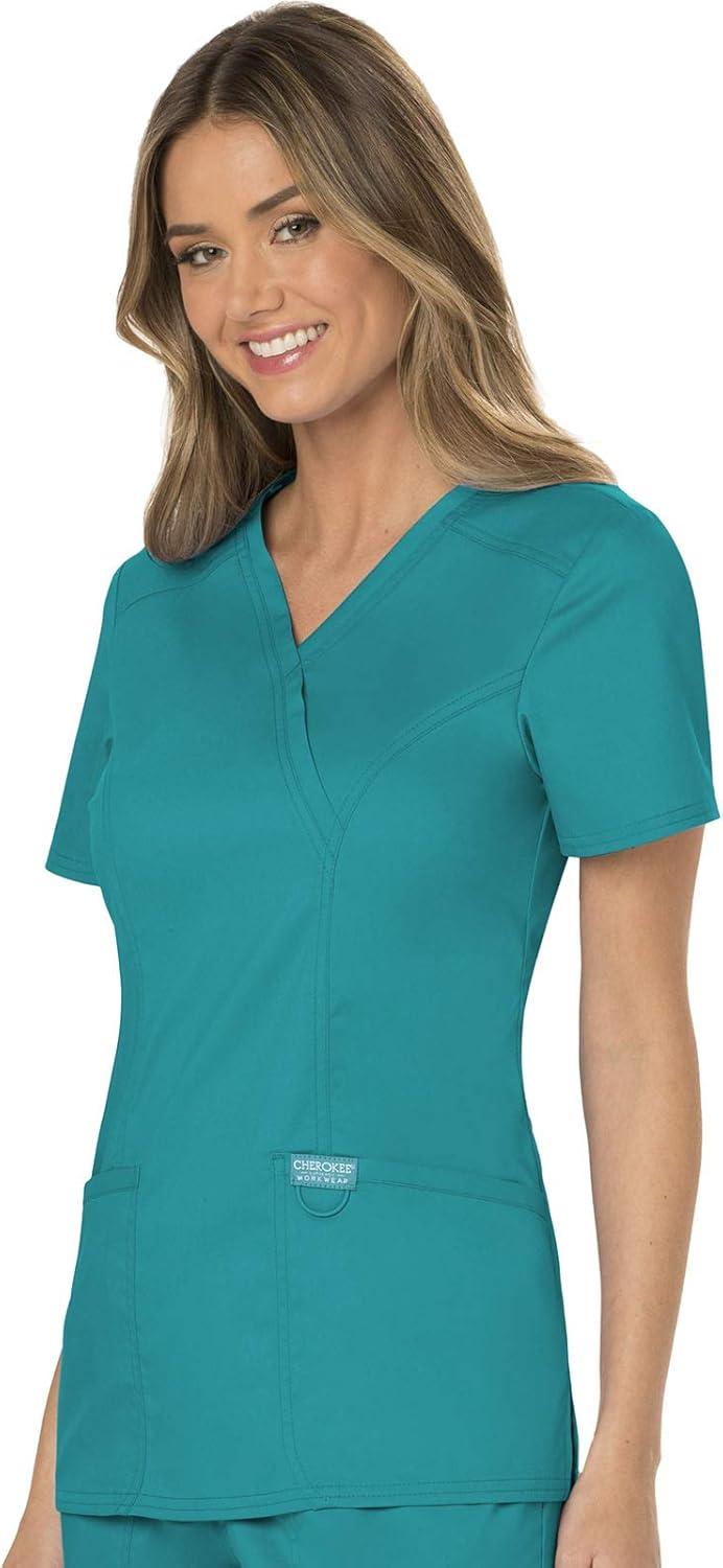 imageCherokee Scrubs Top for Women Mock Wrap with 3 Pockets Soft 2Way Stretch amp Durable Fabric WW610Teal Blue