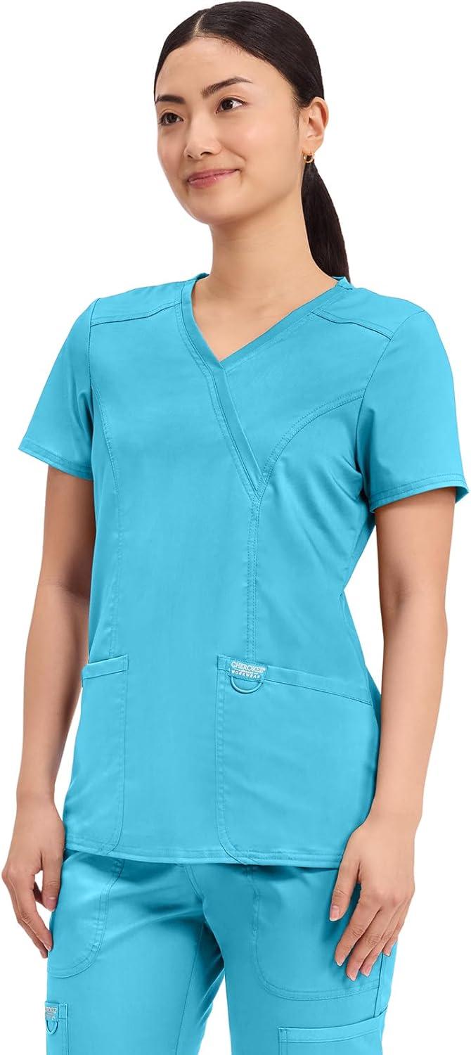 imageCherokee Scrubs Top for Women Mock Wrap with 3 Pockets Soft 2Way Stretch amp Durable Fabric WW610Turquoise