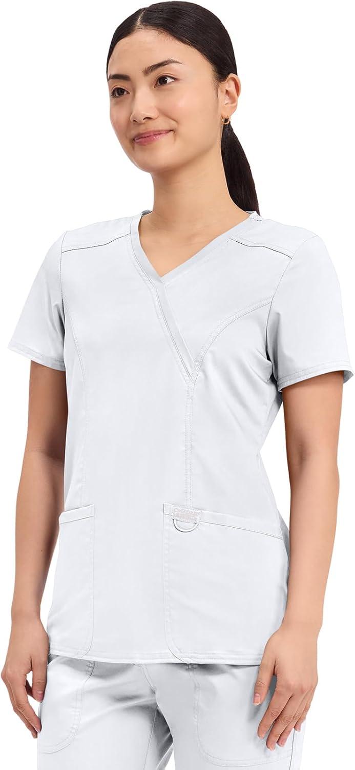 imageCherokee Scrubs Top for Women Mock Wrap with 3 Pockets Soft 2Way Stretch amp Durable Fabric WW610White