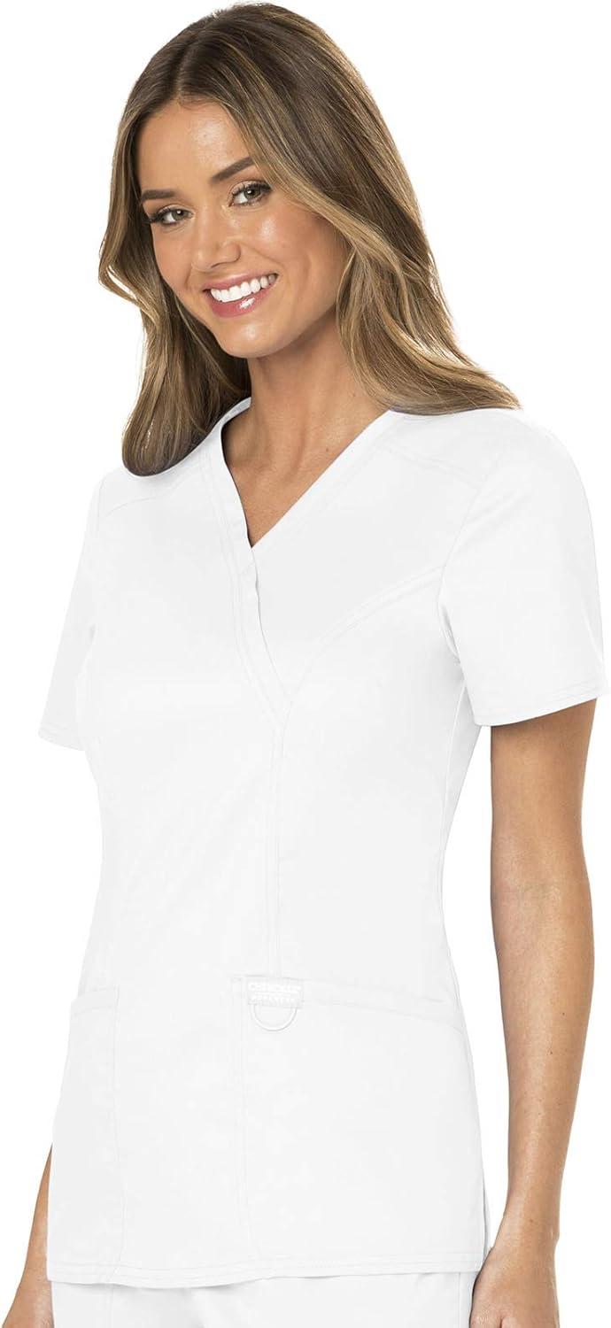 imageCherokee Scrubs Top for Women Mock Wrap with 3 Pockets Soft 2Way Stretch amp Durable Fabric WW610White