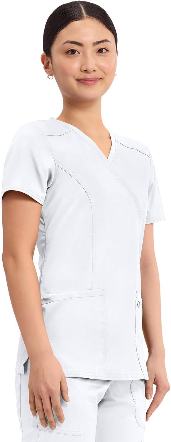 imageCherokee Scrubs Top for Women Mock Wrap with 3 Pockets Soft 2Way Stretch amp Durable Fabric WW610White
