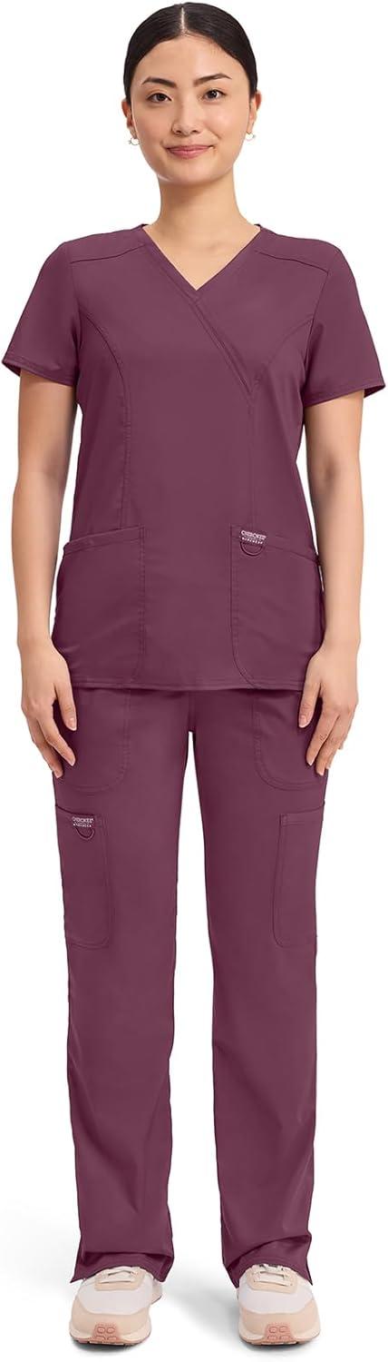 imageCherokee Scrubs Top for Women Mock Wrap with 3 Pockets Soft 2Way Stretch amp Durable Fabric WW610Wine