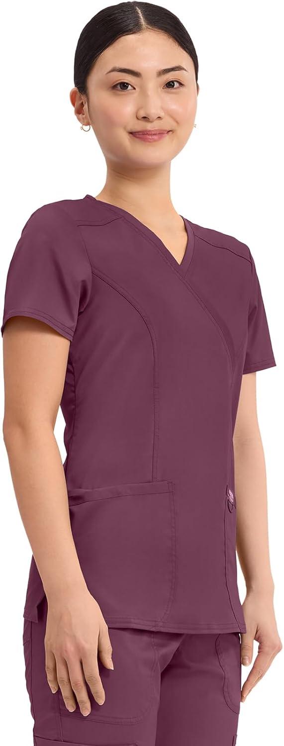 imageCherokee Scrubs Top for Women Mock Wrap with 3 Pockets Soft 2Way Stretch amp Durable Fabric WW610Wine
