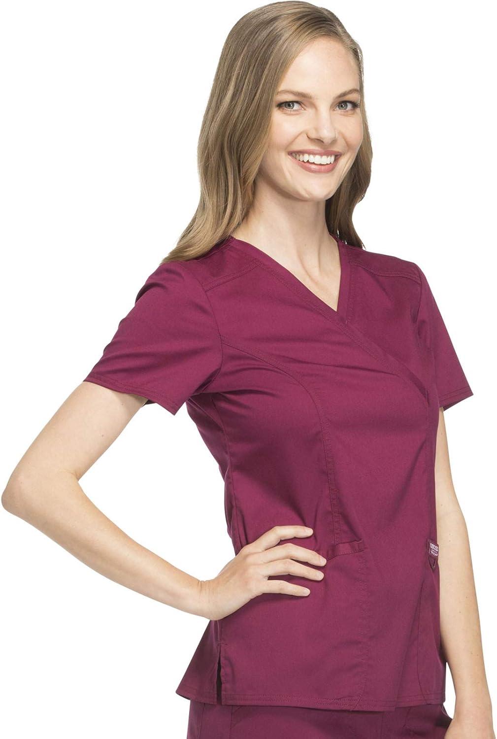 imageCherokee Scrubs Top for Women Mock Wrap with 3 Pockets Soft 2Way Stretch amp Durable Fabric WW610Wine