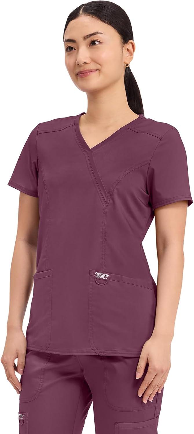 imageCherokee Scrubs Top for Women Mock Wrap with 3 Pockets Soft 2Way Stretch amp Durable Fabric WW610Wine