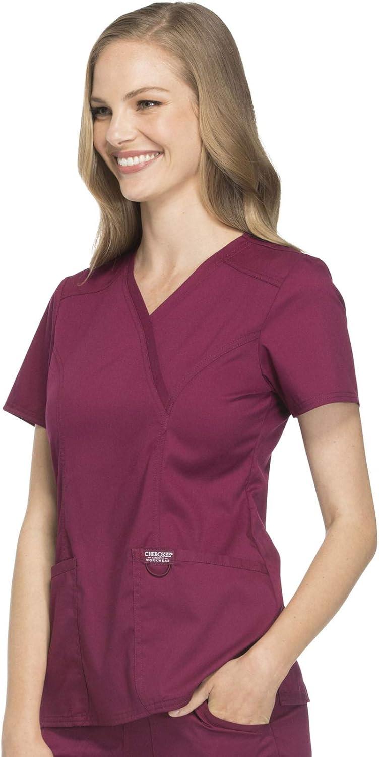 imageCherokee Scrubs Top for Women Mock Wrap with 3 Pockets Soft 2Way Stretch amp Durable Fabric WW610Wine
